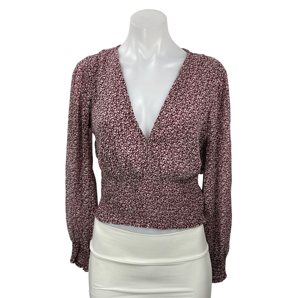 Abercrombie & Fitch Maroon Red Floral Long Sleeve V Neck Smocked Blouse Top S